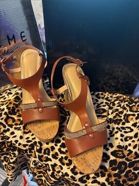 Women's Brown Cork Wedge Sandals with Crystal Accent